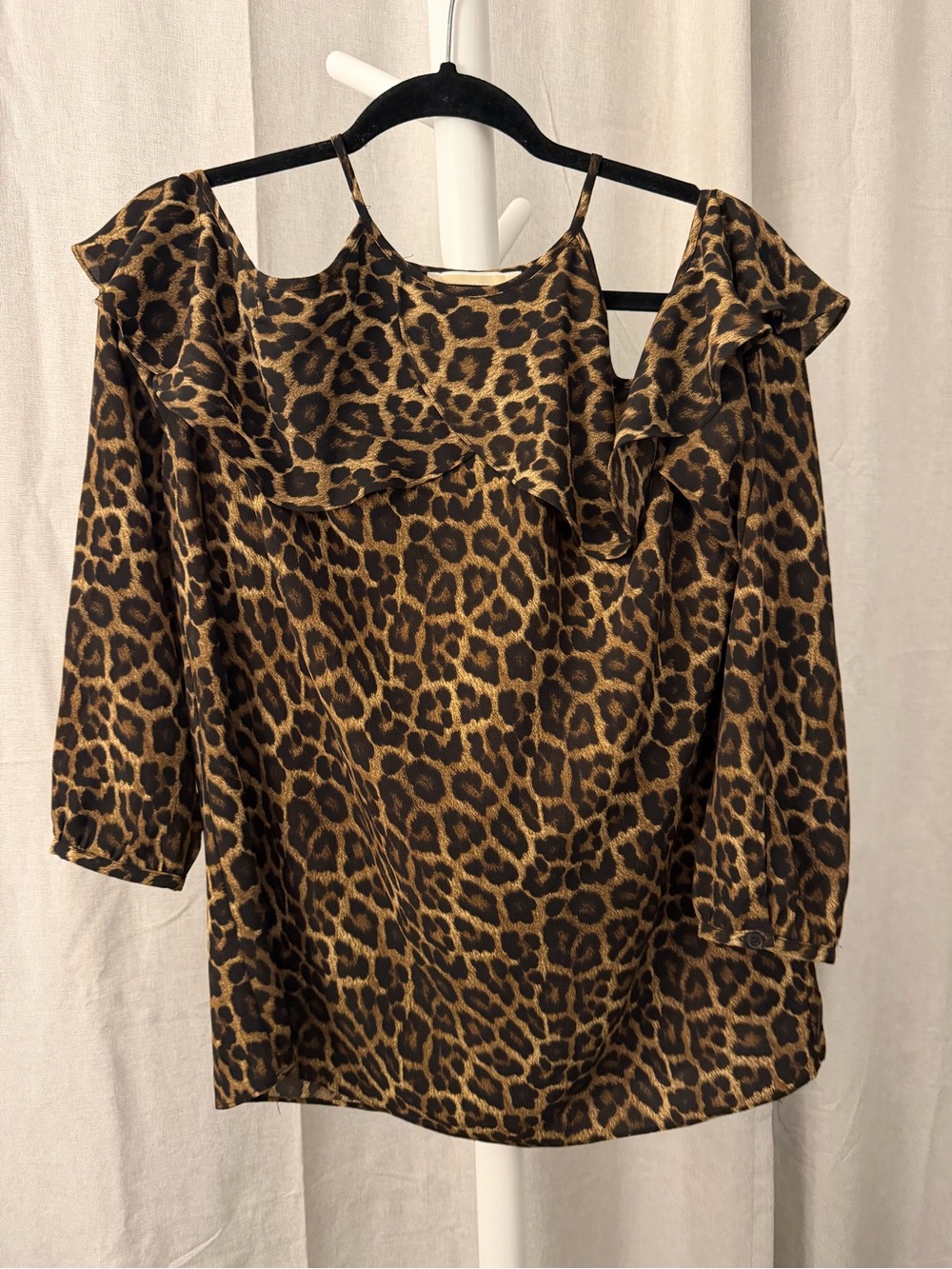Micheal Kors Leopard Print Cold-Shoulder Ruffle Top